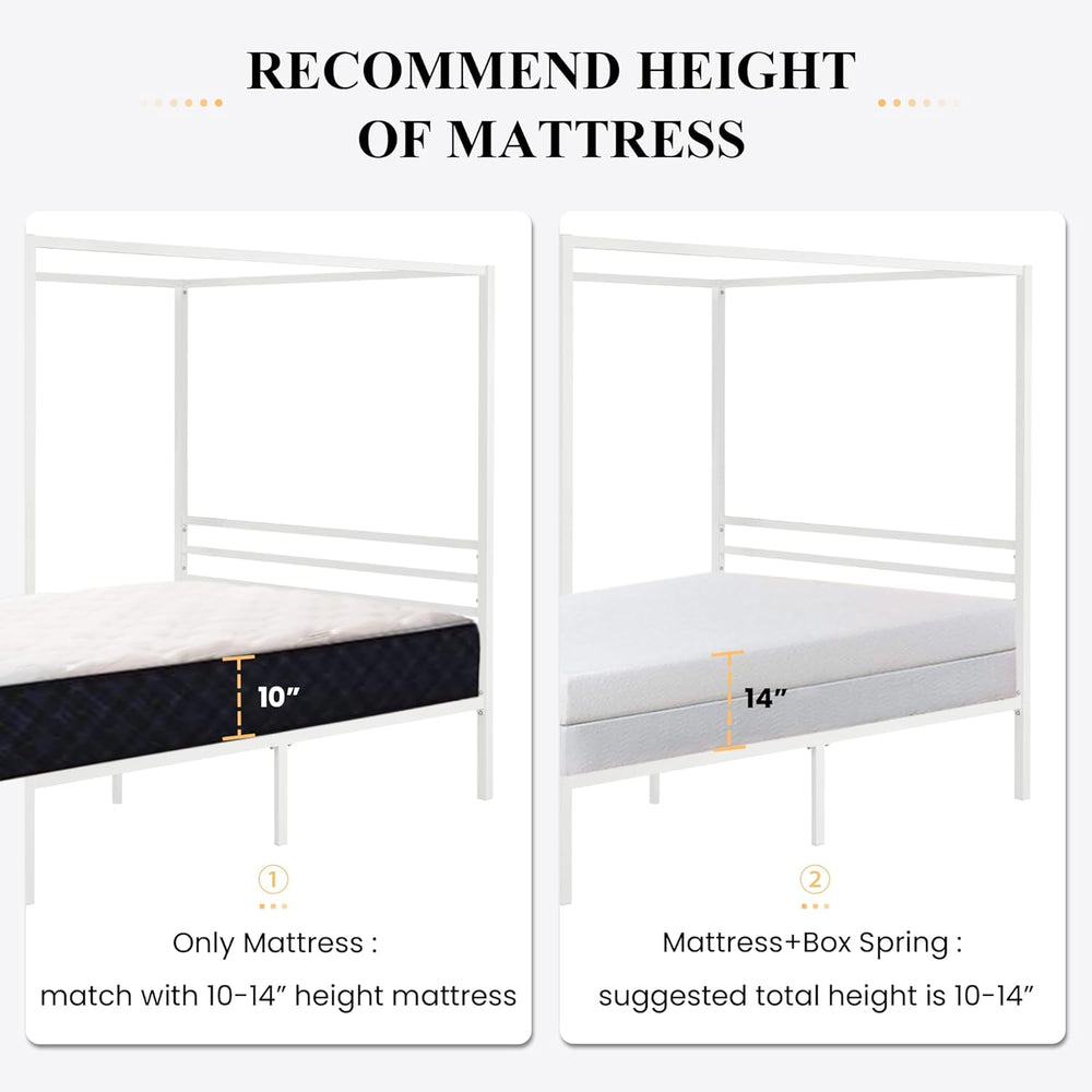 SHA CERLIN Queen Size Canopy Bed Frame with Heavy Duty Metal Slats, White