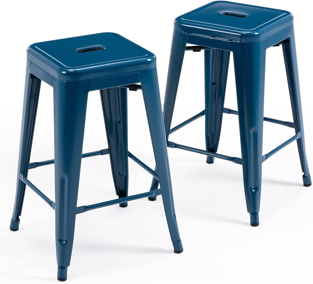 24 Inch Metal Bar Stools Set of 2, Stackable for Indoor Outdoor, Deep Blue