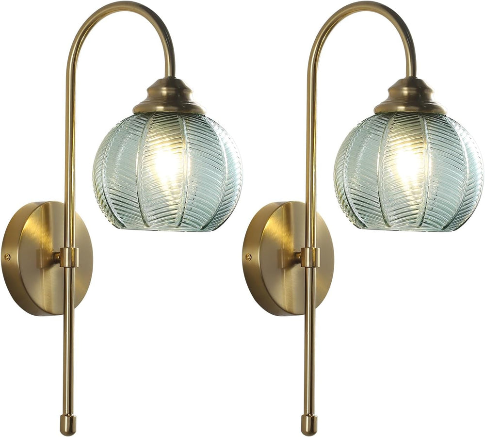 KCO Lighting Brushed Gold Wall Sconce Light Set of 2 Vintage Green Glass Wall...