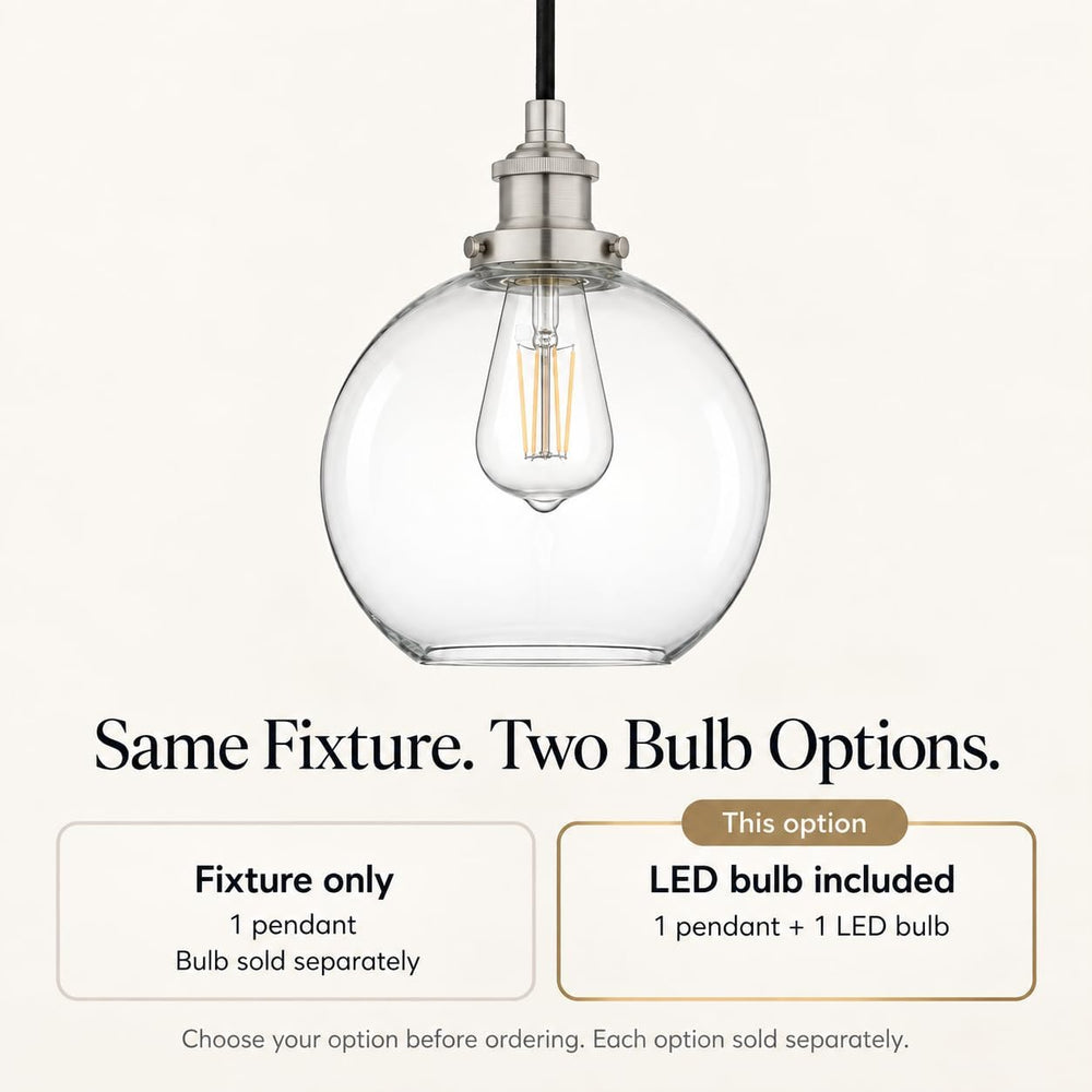 Primo Brushed Nickel Glass Globe Pendant Light, Kitchen Island, LED Bulb