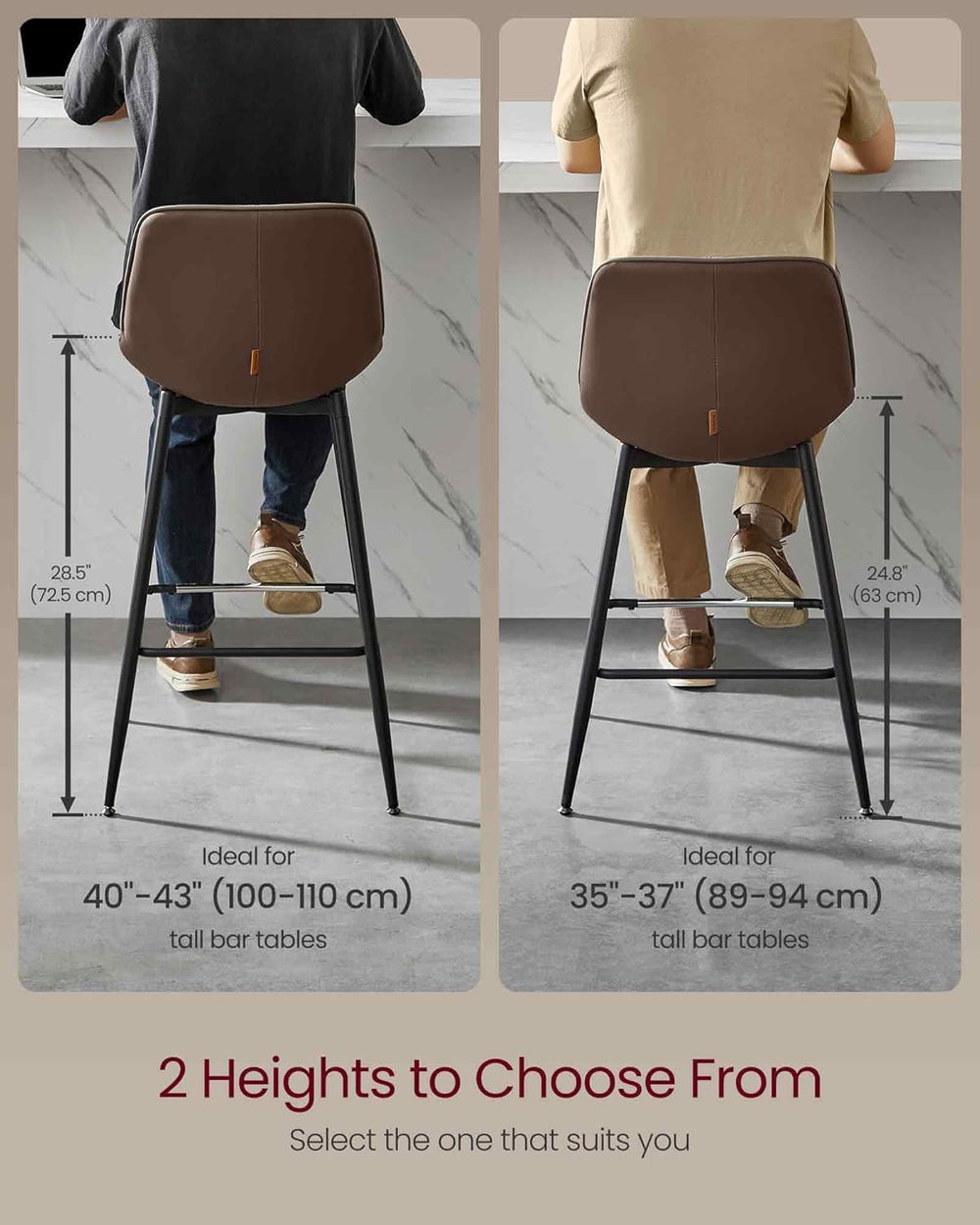 VASAGLE Bar Stools Set of 2, Bar Height, with Back, 28.5-Inch