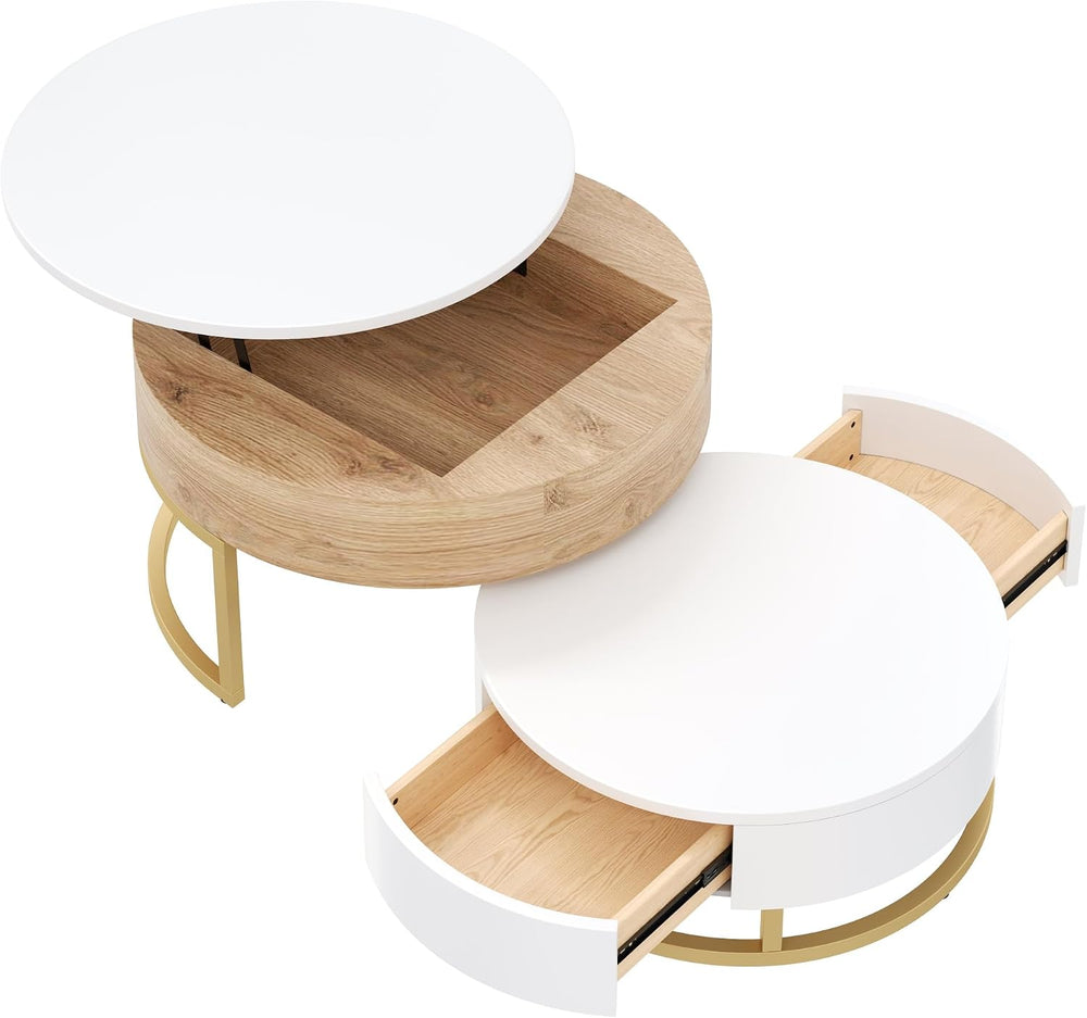 Modern Round Lift-top Nesting Coffee Tables with 2 Drawers for Living Room Wh...