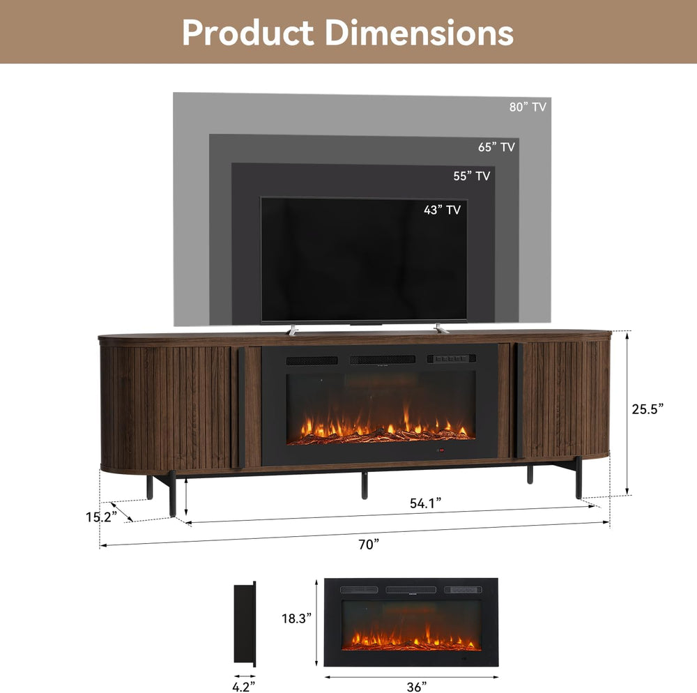 Luxury Fluted TV Stand with Fireplace, 70 inch, Brown