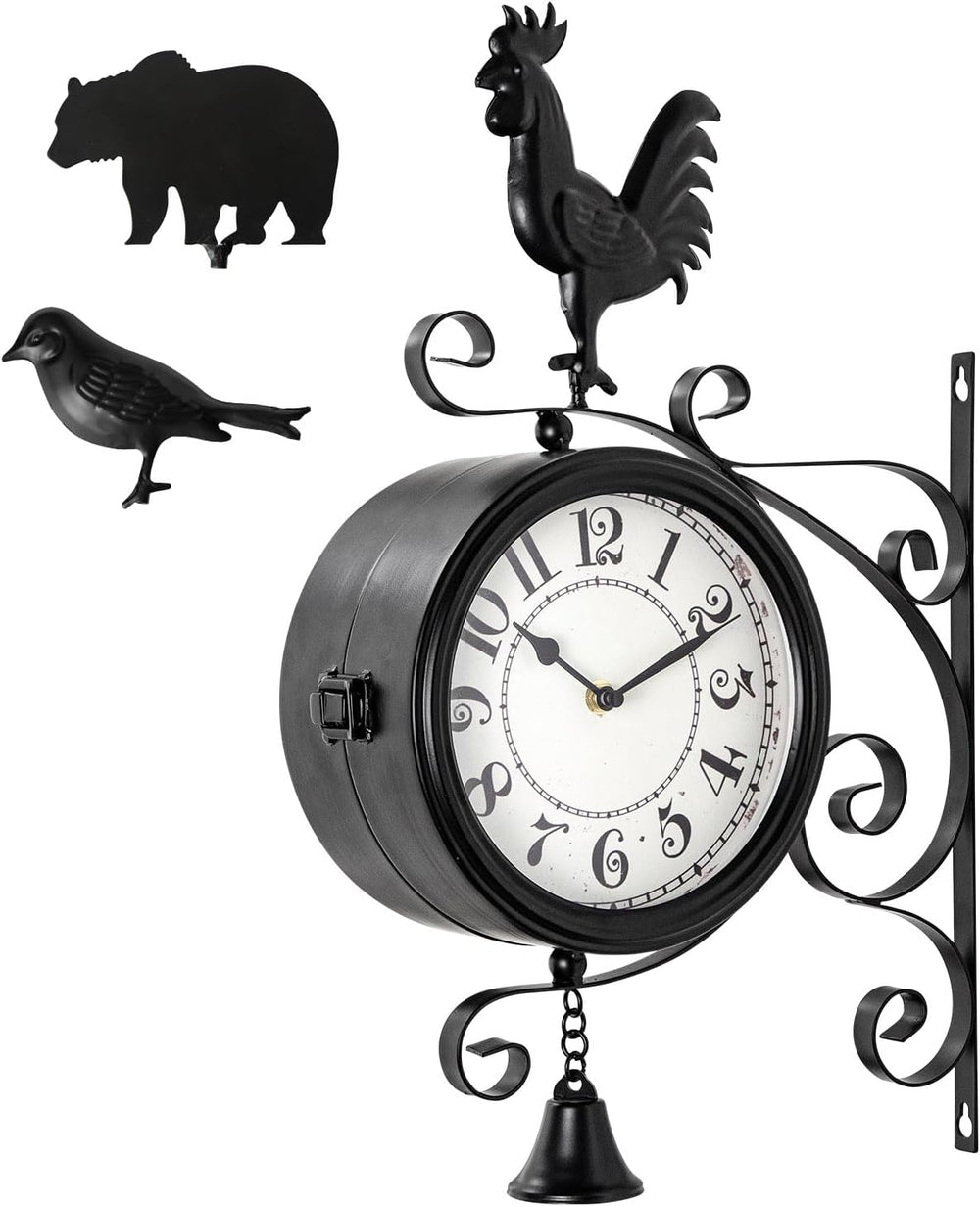 Double-Sided Outdoor Wall Clock with Interchangeable Rooster, Bird & Bear...