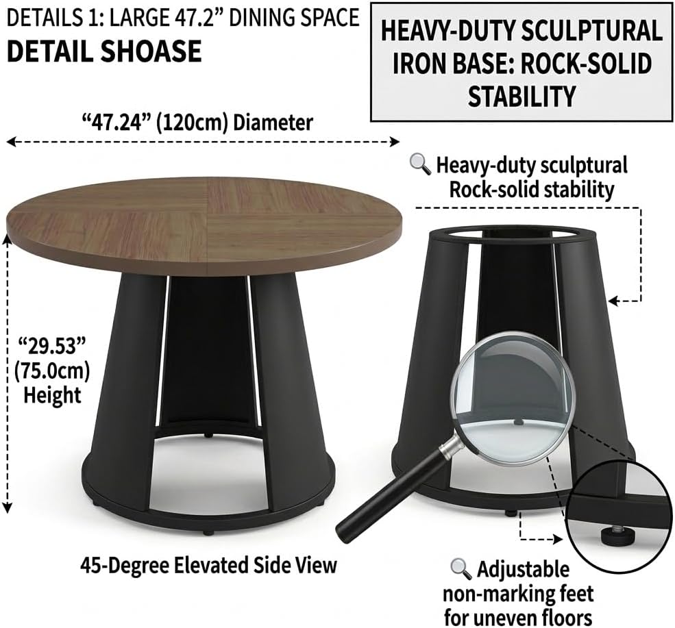 HIPIHOM 47.2” Round Dining Table Set for 4 Modern Wood Table with 4 Upholster...