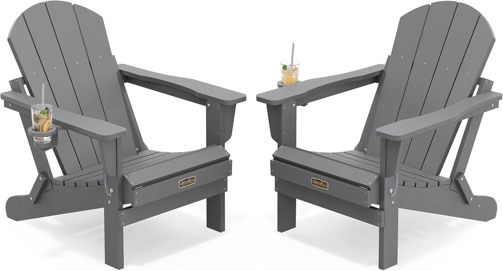 SERWALL Folding Adirondack Chair with Cup Holder Set of 2, Fire Pit - Gray