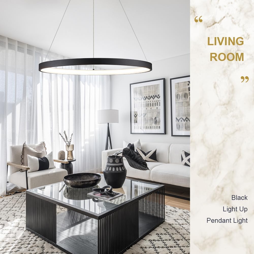 Modern LED Pendant Light Black Ring Chandelier 24" Dimmable Flush Mount ...