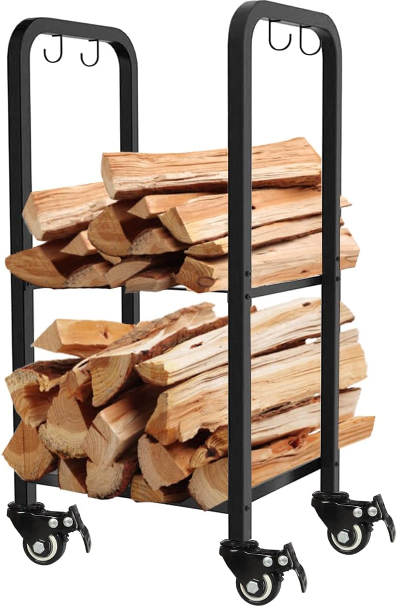 2-Tier Fireplace Firewood Rack Holder for Indoor Outdoor, Small Fire Wood Hol...