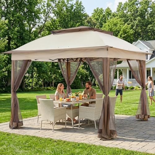 COOS BAY 11x11 Pop Up Gazebo with Netting, Canopy Tent, Beige