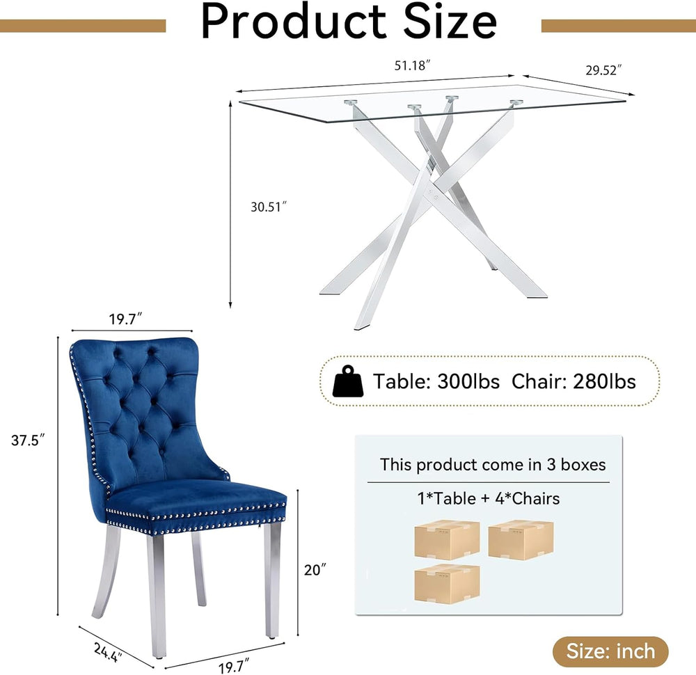 5 Piece Glass Dining Table Set Modern Glass Dining Table Set for 4, 51" ...