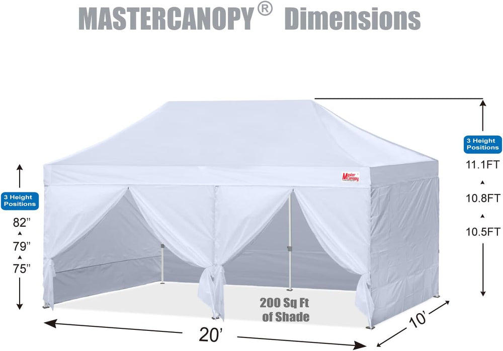 MASTERCANOPY 10x20 Heavy Duty Pop Up Canopy Tent with 4 Sidewalls, White