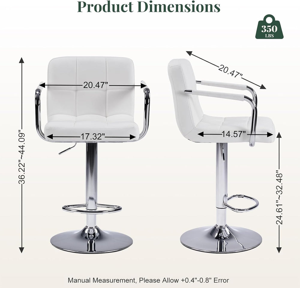 Bar Stools Set of 2, 24-26'' Adjustable Swivel Bar Chairs, White