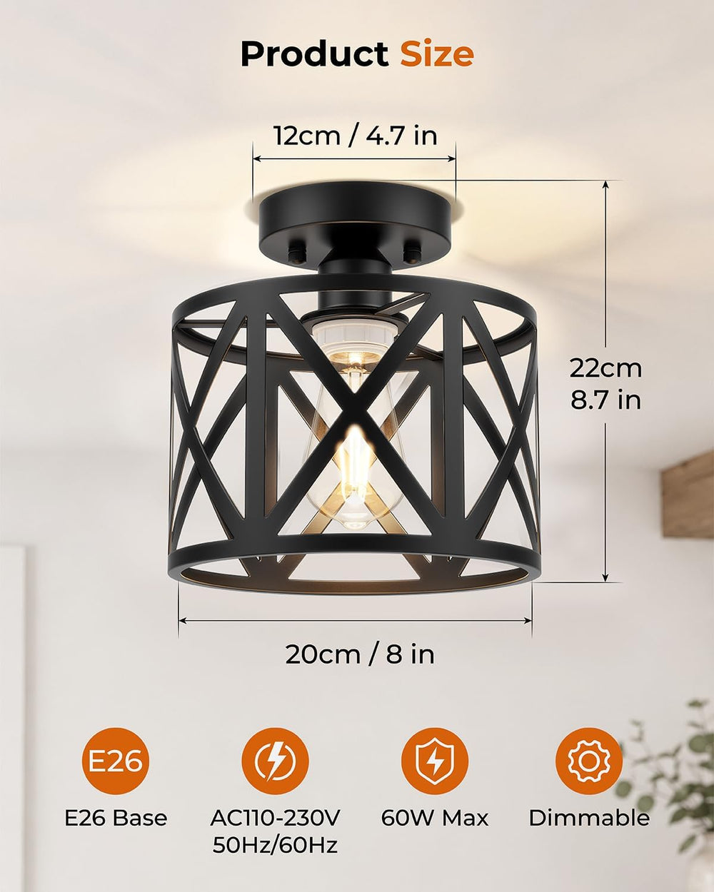 BLNAN 2Pack Farmhouse Semi Flush Mount Ceiling Light Fixture E26 8 Inch