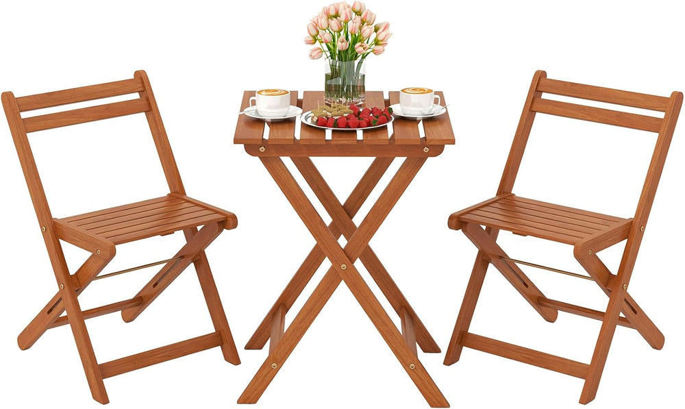 Tangkula 3 Pieces Solid Wood Patio Bistro Set with 2 Folding Chairs, Outdoor ...