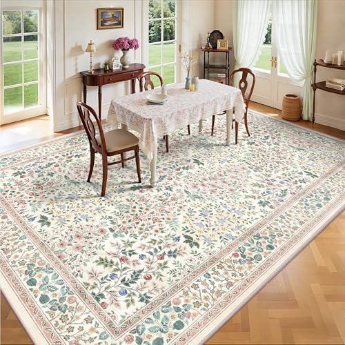 8x10 Area Rugs, Machine Washable Low Pile Floral Rugs for Living Room, Bedroo...