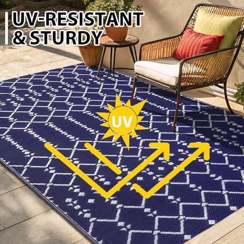 Smiry Outdoor Rug 5x8 ft Waterproof Reversible Boho Mat, Navy