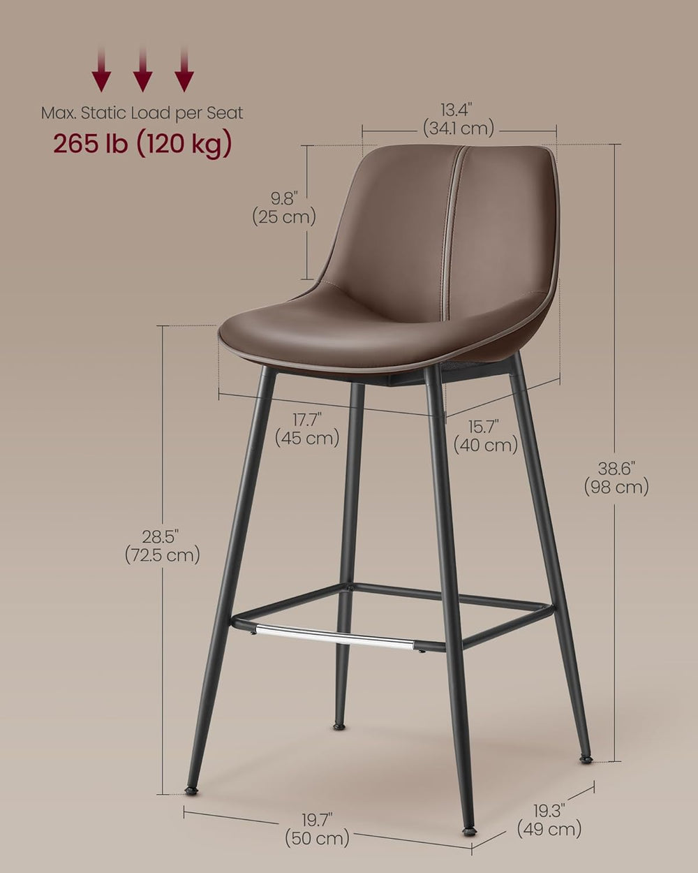 VASAGLE Bar Stools Set of 2, Bar Height, with Back, 28.5-Inch