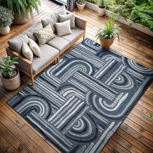 CAMILSON Indoor Outdoor Rug, Navy Blue 8x10 Geometric Arch Striped Area Rugs ...