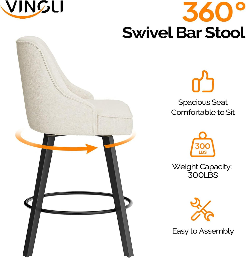 VINGLI 26" H Swivel Barstools Set of 2, Linen Fabric Upholstered Counter...