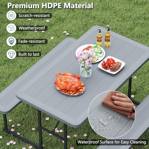 Tangkula Picnic Table, HDPE Outdoor Rectangular Table Bench Set with 2 Built-...
