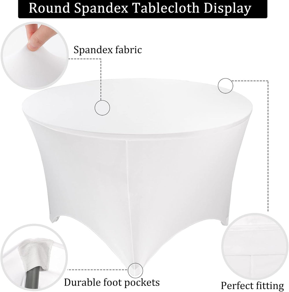 8 Pack 6FT Round Spandex Tablecloth 72” White Elastic Table Cover Washable Wr...