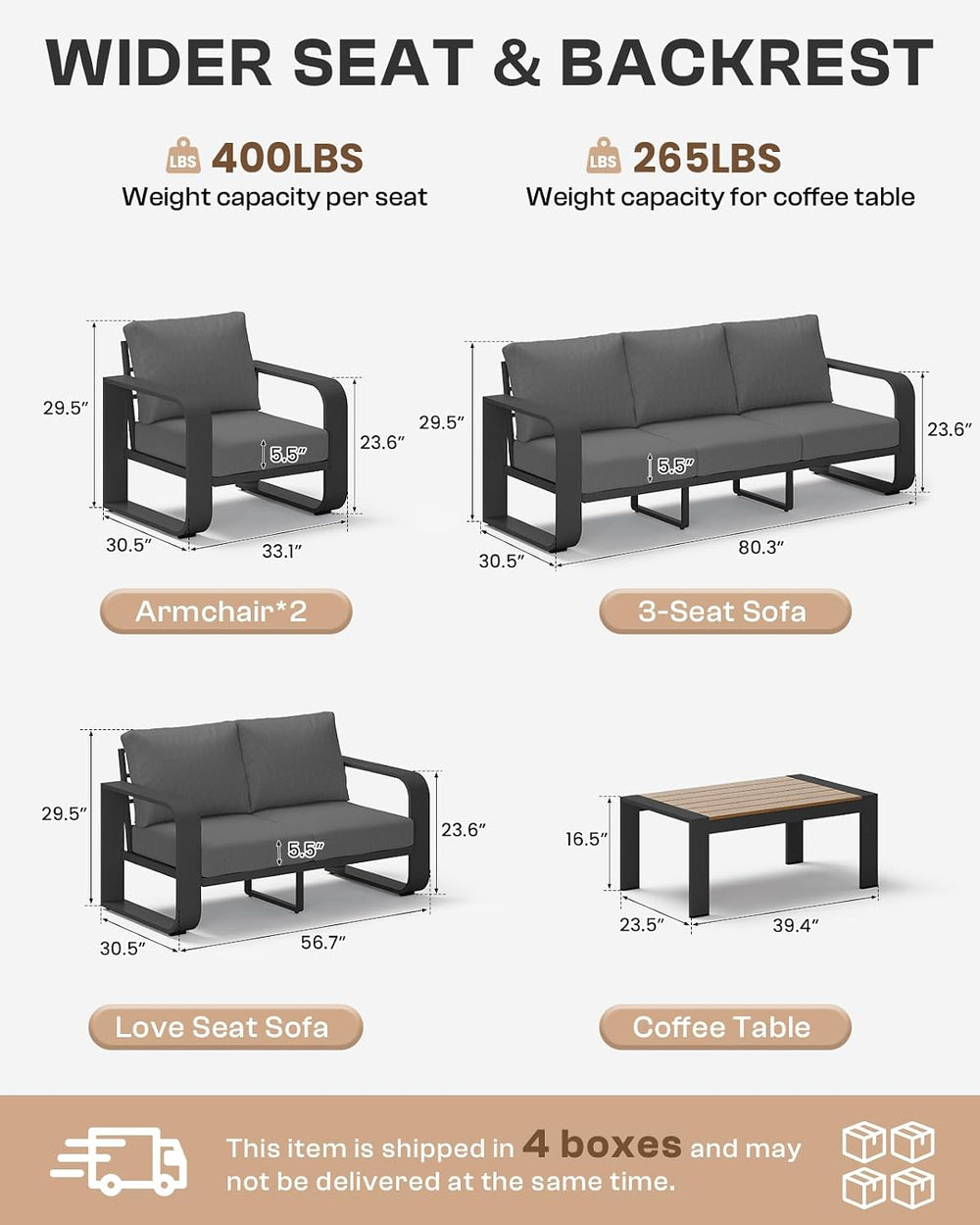 Oversized Aluminum Outdoor Furniture Set, Extra Large Patio Furniture Sofa Se...