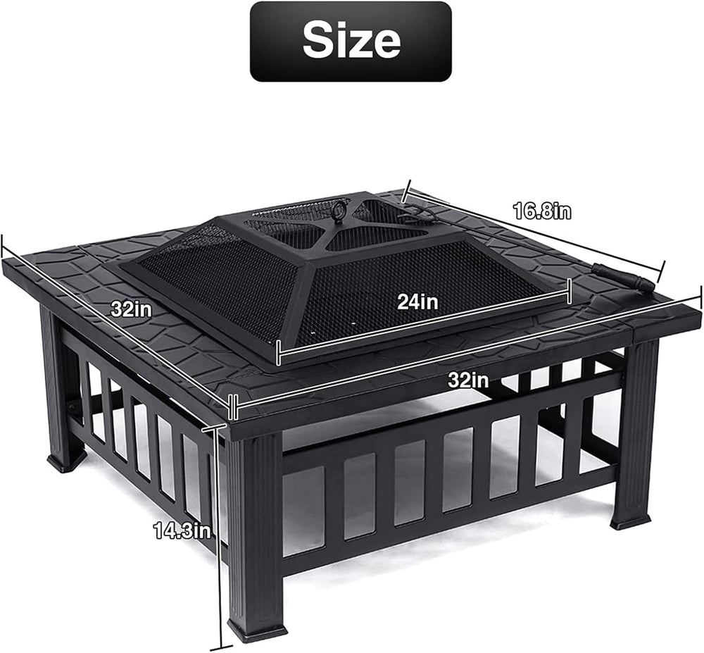 32'' Fire Pit Wood Burning Firepit Metal Square Outdoor Fire Pit Stee...
