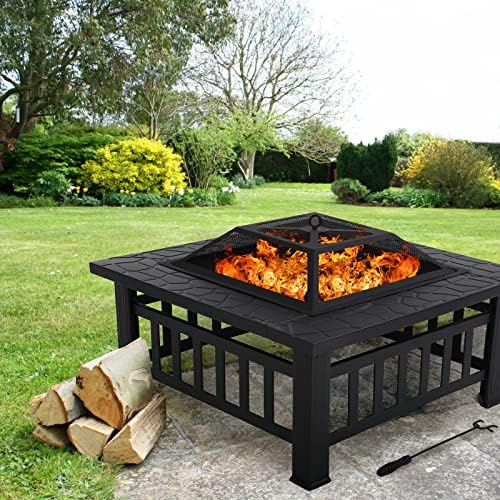 Fire Pit Table, Outdoor Fireplace Firepit Camping Accessories 32 in Square Sm...