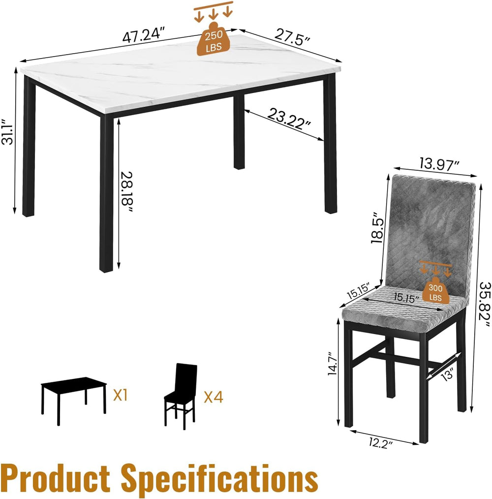 DKLGG Dining Table Set for 4, Faux Marble Kitchen Table with Velvet Upholster...