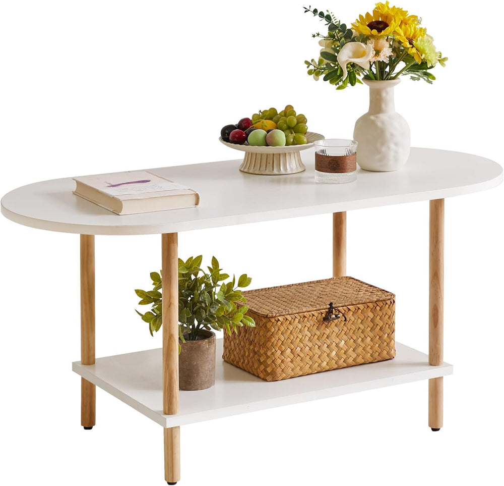Aibiju Oval Coffee Table White, Small Wooden Coffee Table for Small Space, Te...