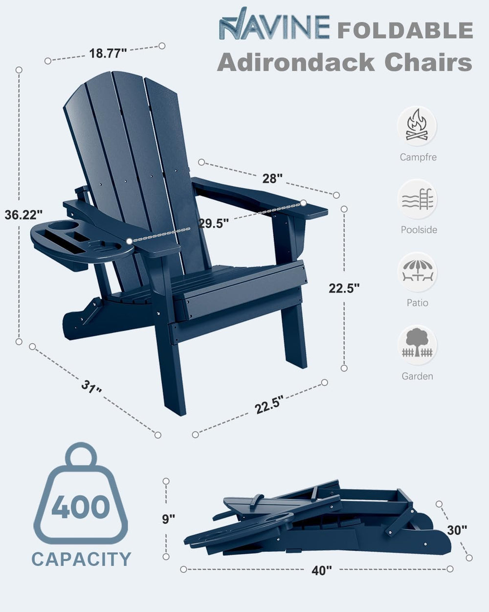 NAVINE Folding Adirondack Chairs Set of 4 with 4-in-1 Cup Holder, Navy Blue