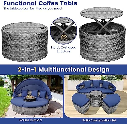 HAPPYGRILL Outdoor Daybed with Canopy, Wicker Rattan Sectional Sofa with Coff...