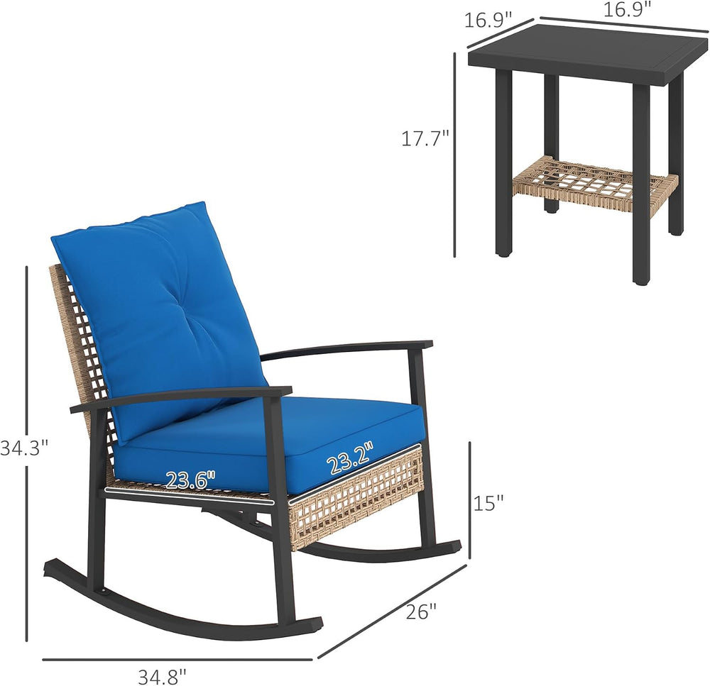 Outsunny 3 Pieces Rocking Wicker Outdoor Bistro Set Porch Chairs Dark Blue