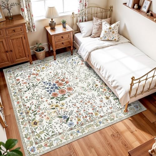 6x6 Washable Area Rug Living Room: Floral Non-Slip Washable Mat for Indoor Fl...