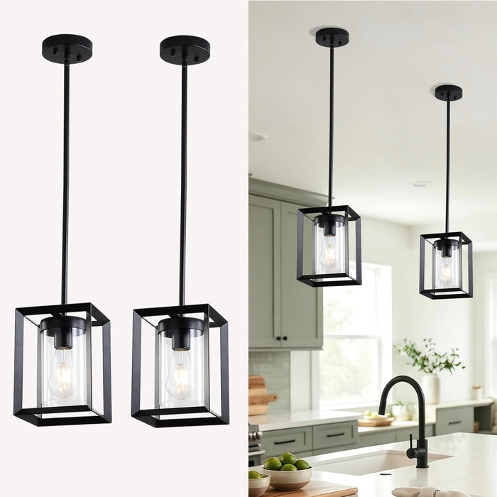2 Pack Farmhouse Black Kitchen Island Pendant Light Fixtures,Height Adjustable Metal Rod Hanging Modern Pendant Lighting with Metal Cage and Clear Glass Shade for Entryway Bedroom