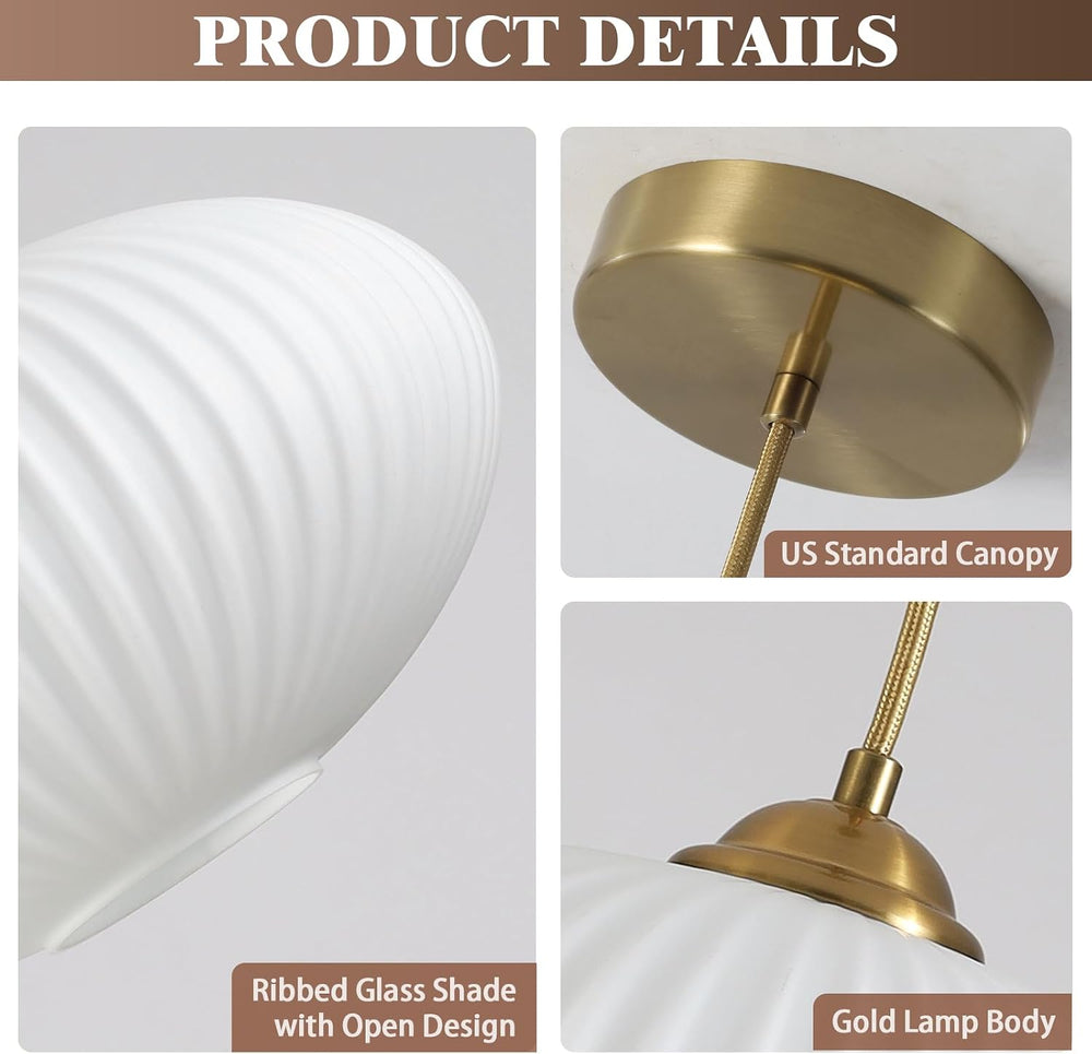 KCO Lighting Modern Gold Brass 9.8" White Milk Ribbed Glass Pendant Light