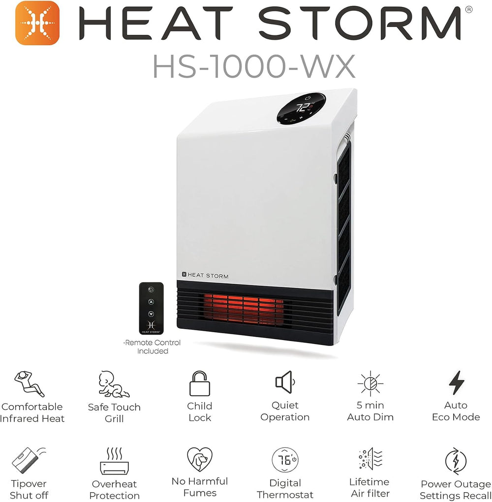 Heat Storm Deluxe Space 1000 Watt Infrared Wall Mount Electric Heater, White