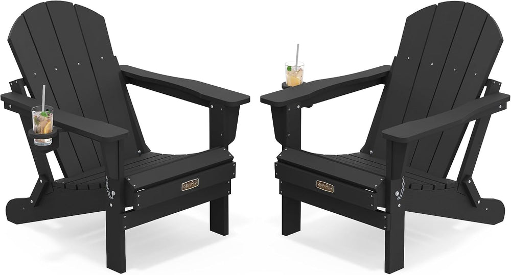 SERWALL Folding Adirondack Chair with Cup Holder Set of 2, Fire Pit - Black