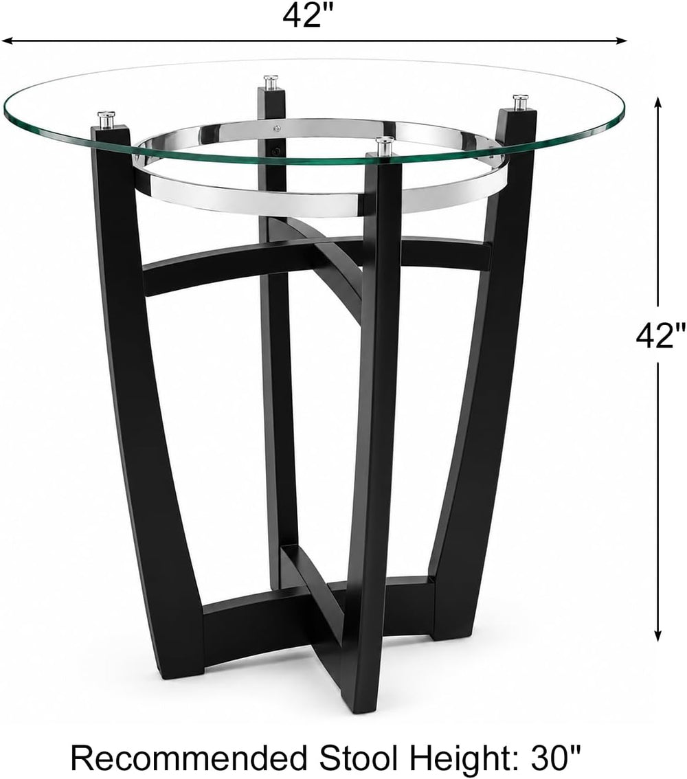 42" Round Bar Height Glass Dining Table, Solid Wood Base, 42" Height