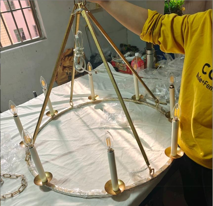 LOVEDIMA Gold Wagon Wheel Chandelier Rustic 35.4'' Candle-Shaped Meta...