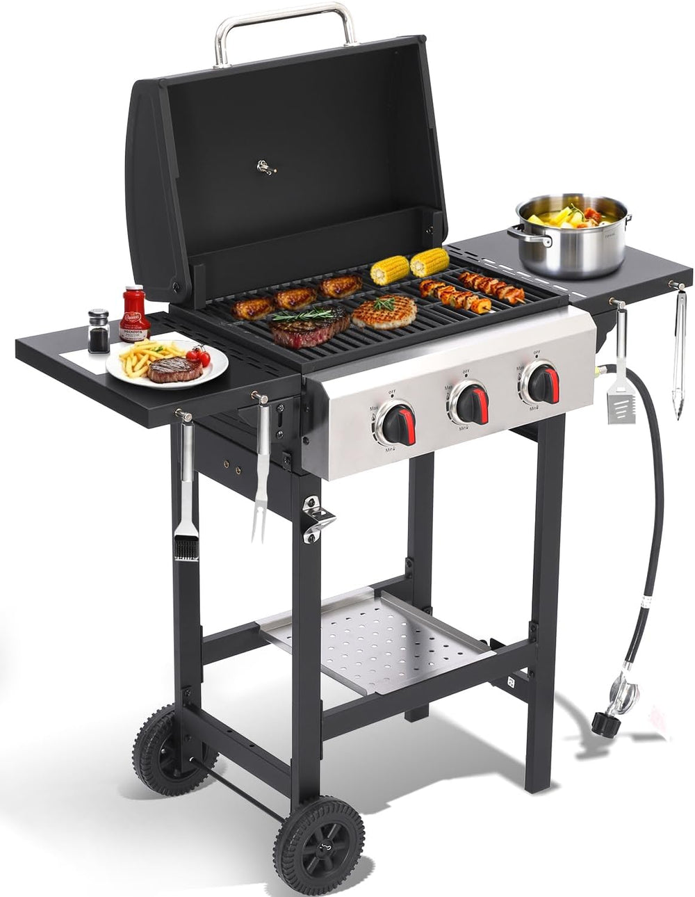 Propane Gas Grill with Folding Side Tables, 3-Burner Gas Grill with Cast Iron...