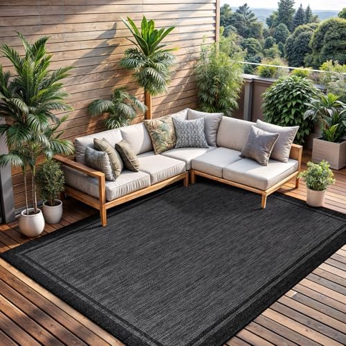 CAMILSON Indoor Outdoor Rug, 8x10 Bordered Dark Gray Black Modern Area Rugs f...