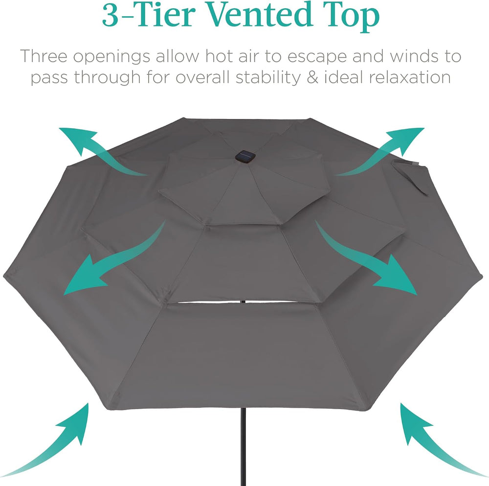 Best Choice Products 10ft 3-Tier Solar Patio Umbrella, Outdoor Market Sun Sha...