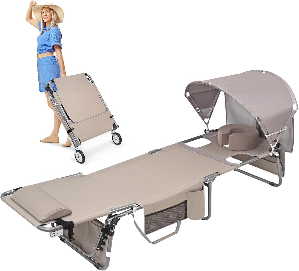 Wheel-To-Go Tanning Chair with Wheels Sun Canopy Umbrella Face Hole Thicker W...
