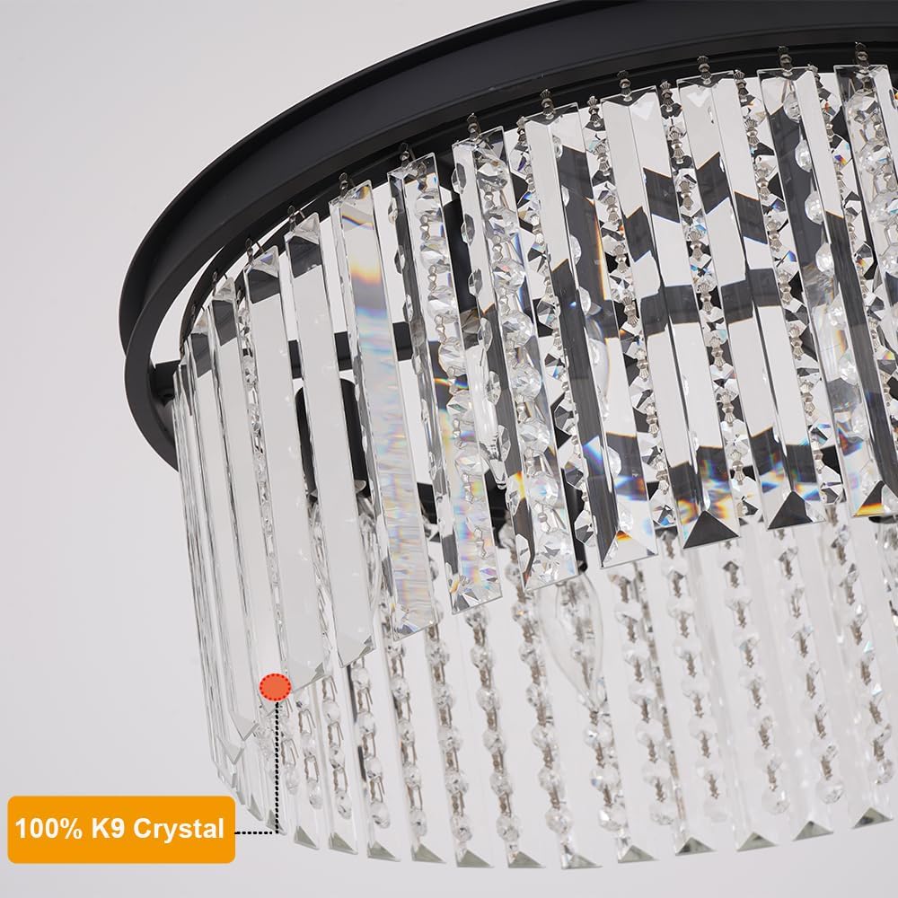 Modern Black Crystal Chandelier, 20" Small Pendant Lighting Fixture