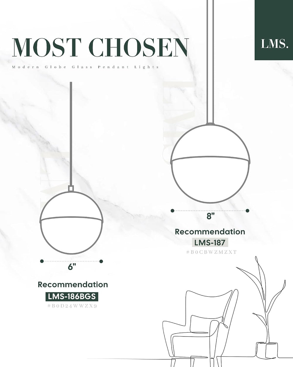 LMS 2-Pack Brushed Gold Pendant Lights, Modern Pendant Light with Milky Globe...