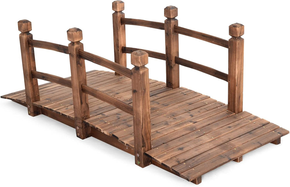 Giantex 5 FT Wooden Garden Bridge, Stained Wood Arc Footbridge with Railings,...