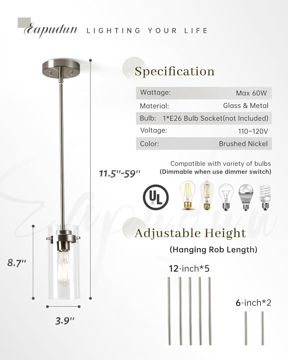 EAPUDUN Pendant Light (2 Packs), Kitchen Ceiling Hanging Light, Adjustable He...