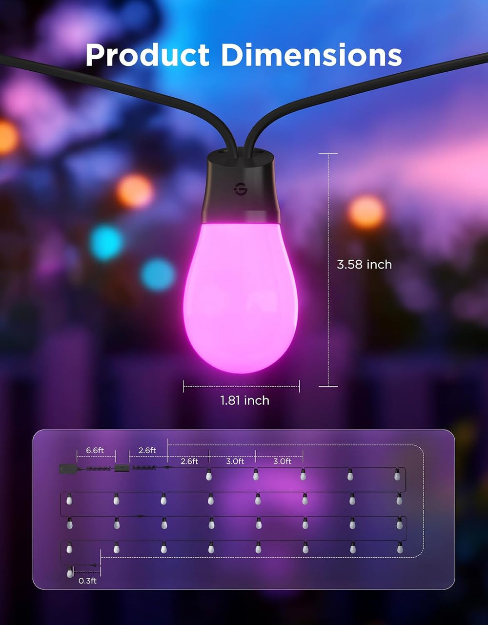 Govee S14 Bulb Outdoor String Lights 2, 96ft RGBICWW, 30 LED Bulbs, IP66