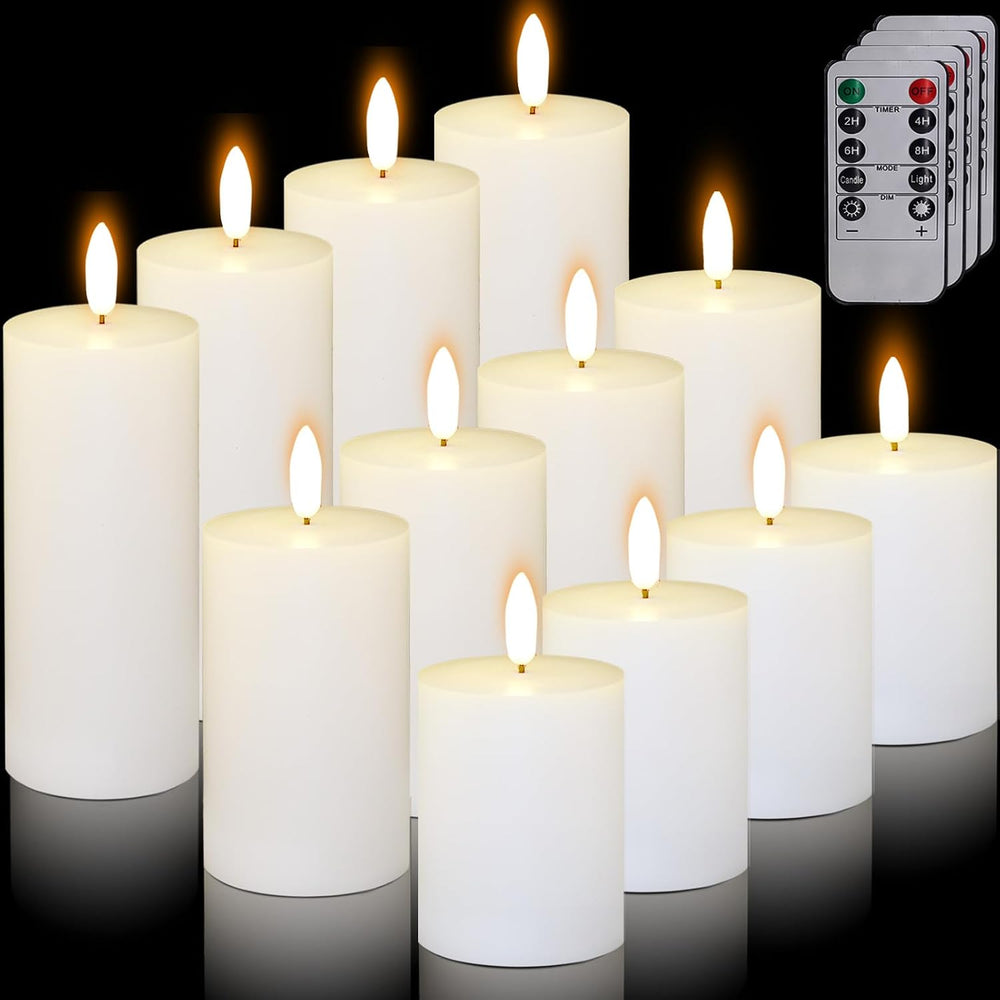 12 Pcs White Flameless Candles Flat Top LED Candles with Remote Timer, Pillar...